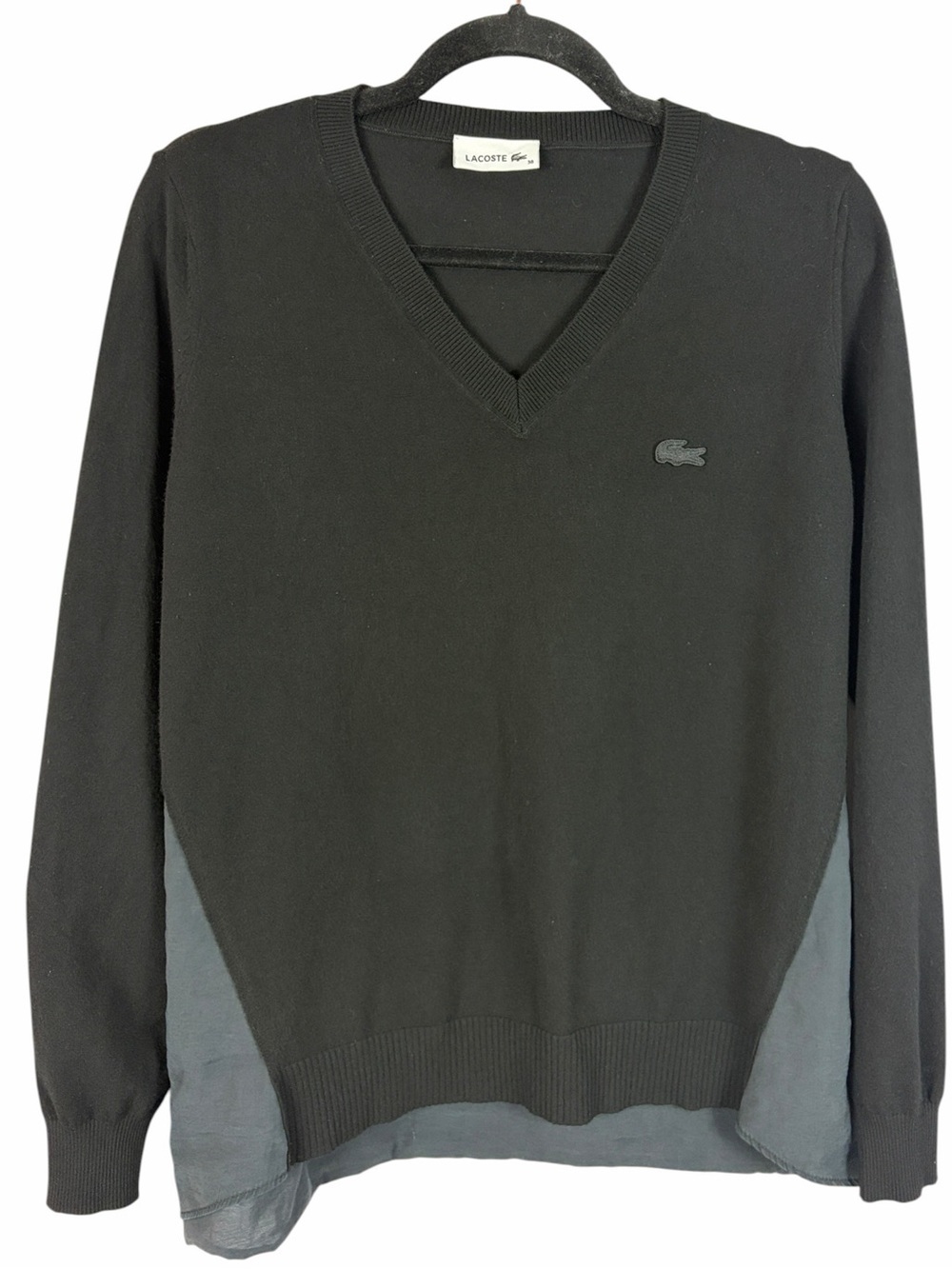 Lacoste Black V-Neck Sweater Mixed Media Modal Back Women’s Size 38 Medium